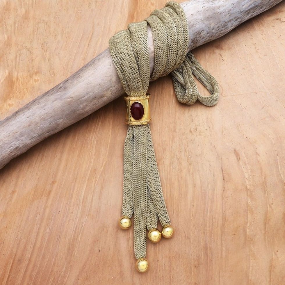 Gold-Accented Brass and Carnelian Lariat Necklace 'Red Eye'