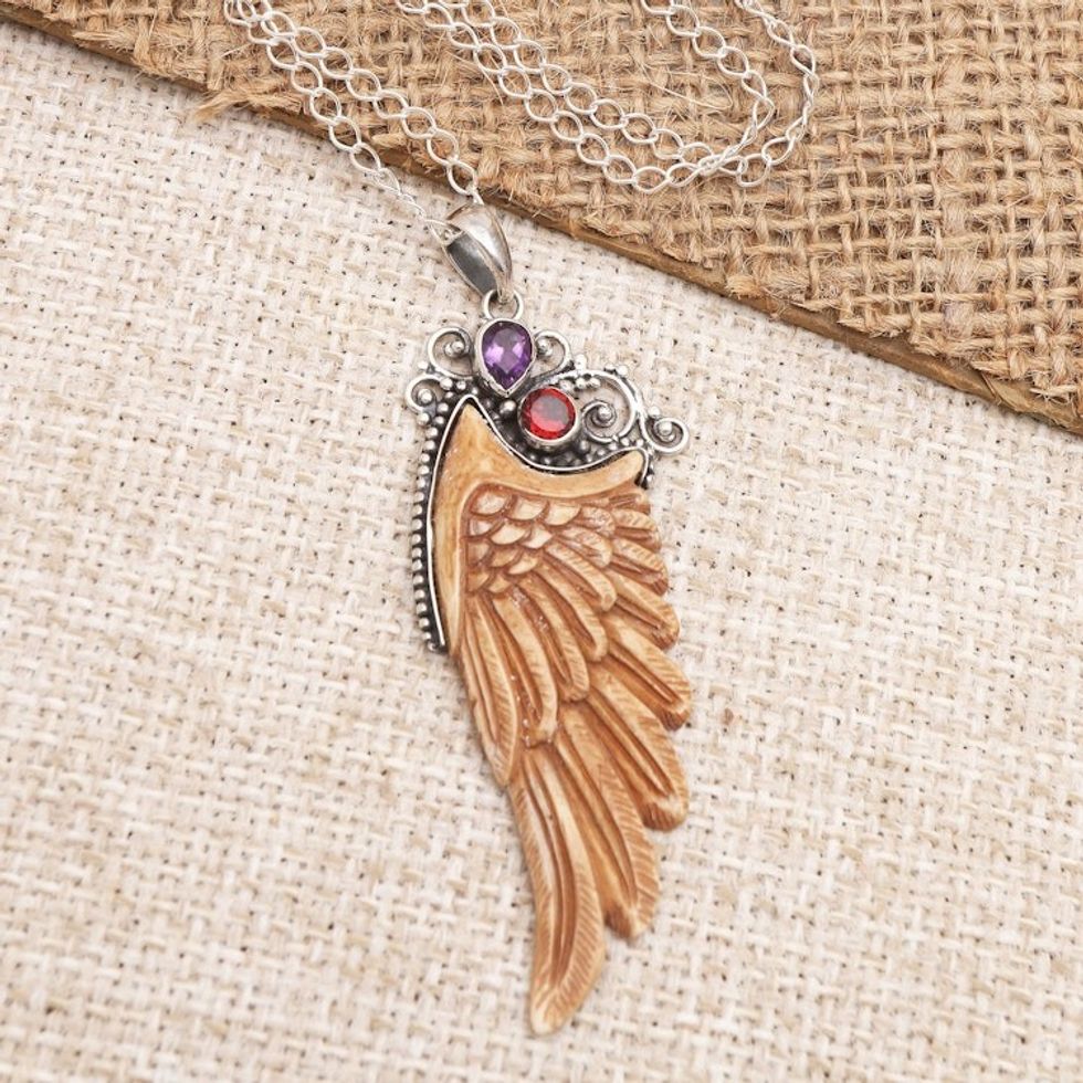 Garnet and Amethyst Angel Wing Pendant Necklace 'Ethereal Angel'