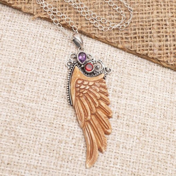 Alternate image for Garnet and Amethyst Angel Wing Pendant Necklace Ethereal Angel