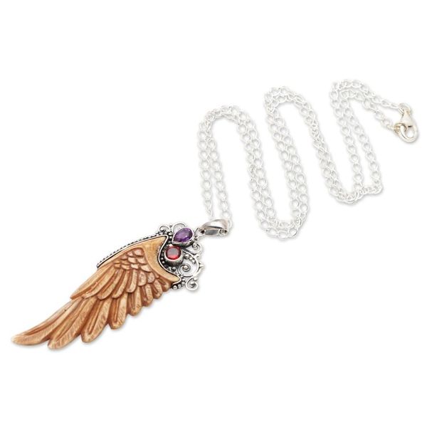 Alternate image for Garnet and Amethyst Angel Wing Pendant Necklace Ethereal Angel