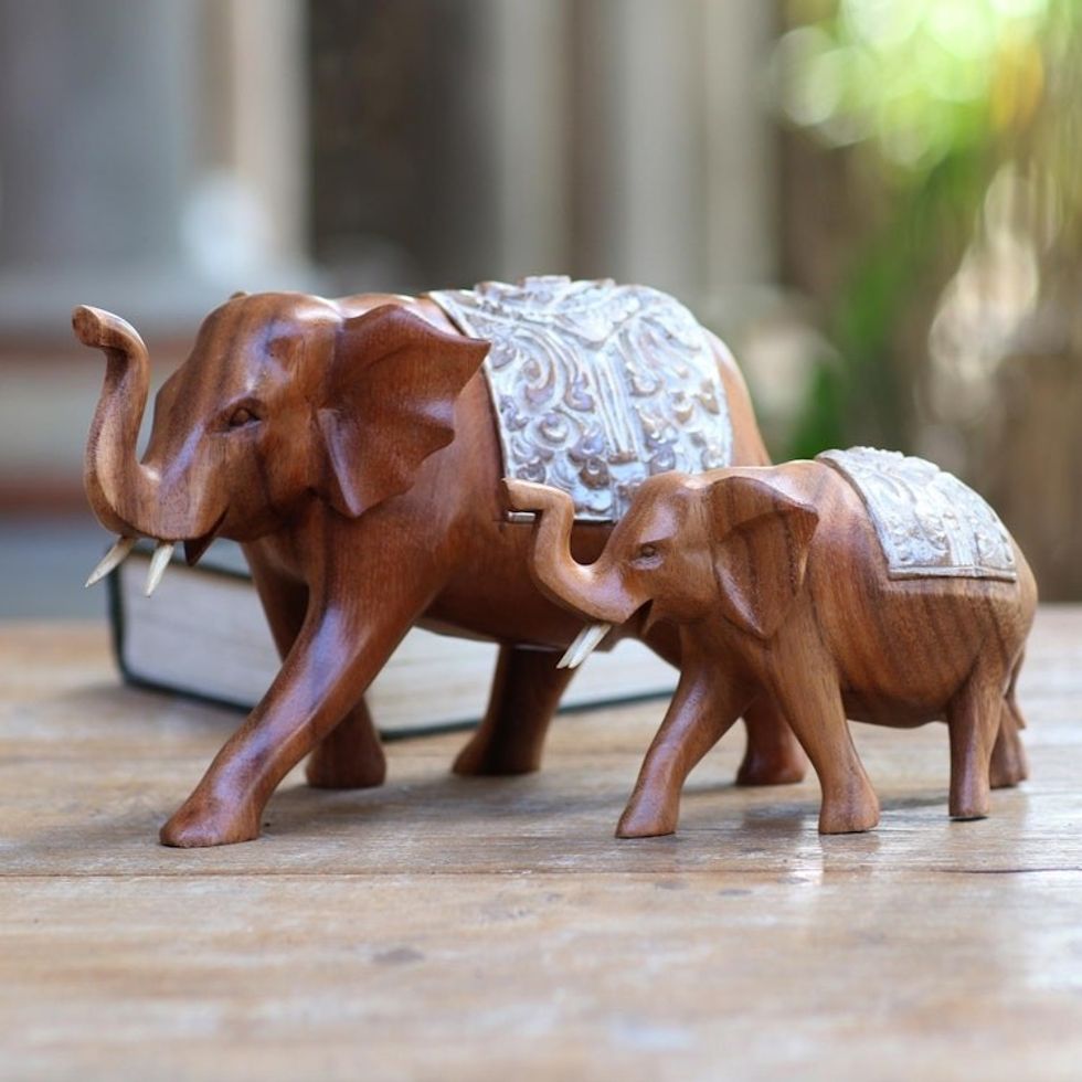 Artisan Crafted Elephant Sculptures Pair 'Royal Mother and Child'