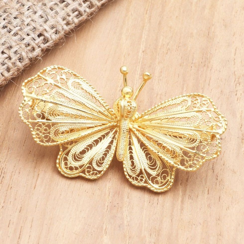 Gold-Plated Sterling Silver Butterfly Brooch 'Butterfly Radiance'