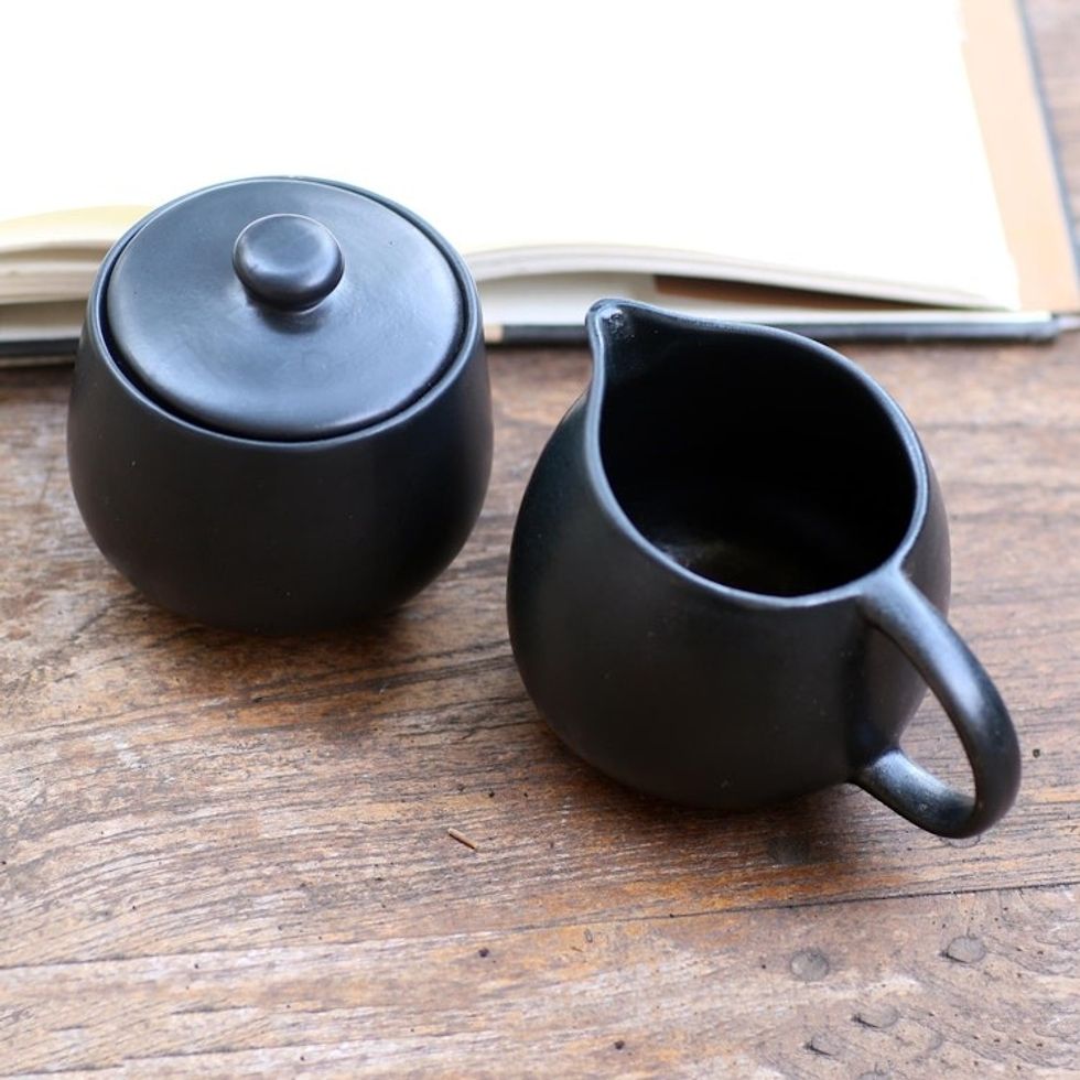 Black Ceramic Creamer Sugar Bowl Pair 'Cute Couple'