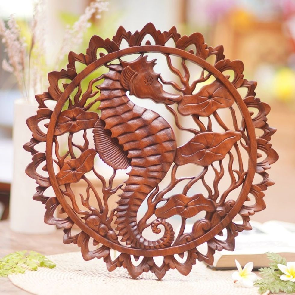 Handmade Suar Wood Seahorse Relief Panel 'Single Seahorse'