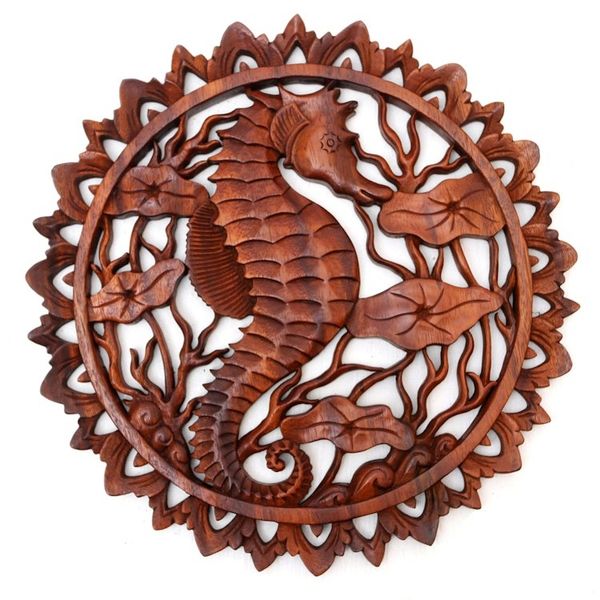 Alternate image for Handmade Suar Wood Seahorse Relief Panel Single Seahorse