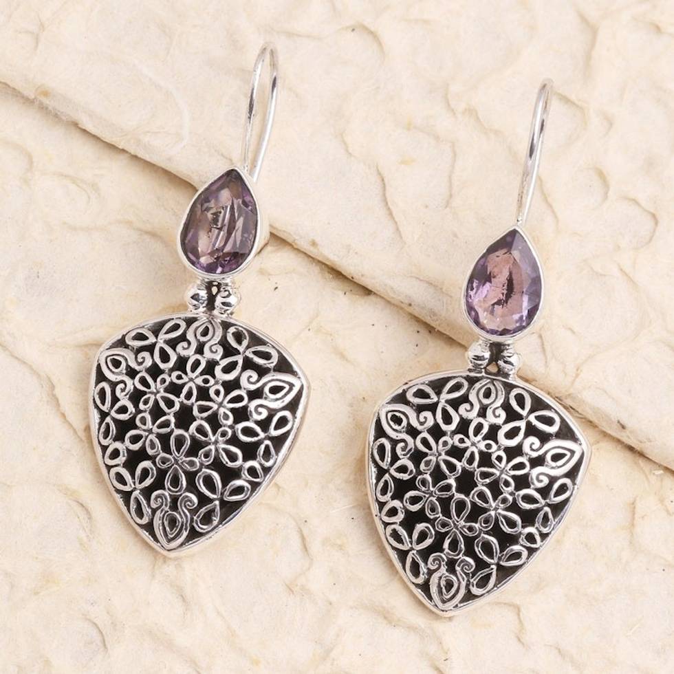 Hand Made Sterling Silver Amethyst Drop Earrings 'Fly Away'