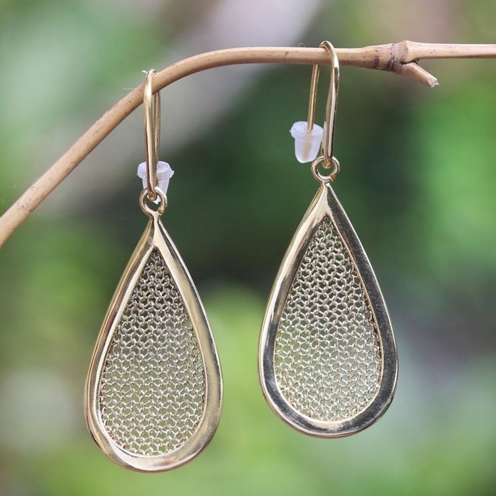 Gold-Plated Brass and Mesh Dangle Earrings 'Golden Pear'