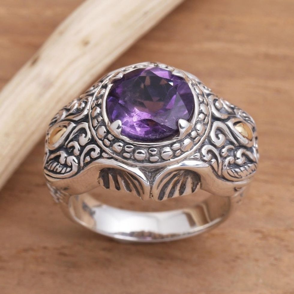 Men's Elephant-Themed Amethyst Ring 'Maharaja'