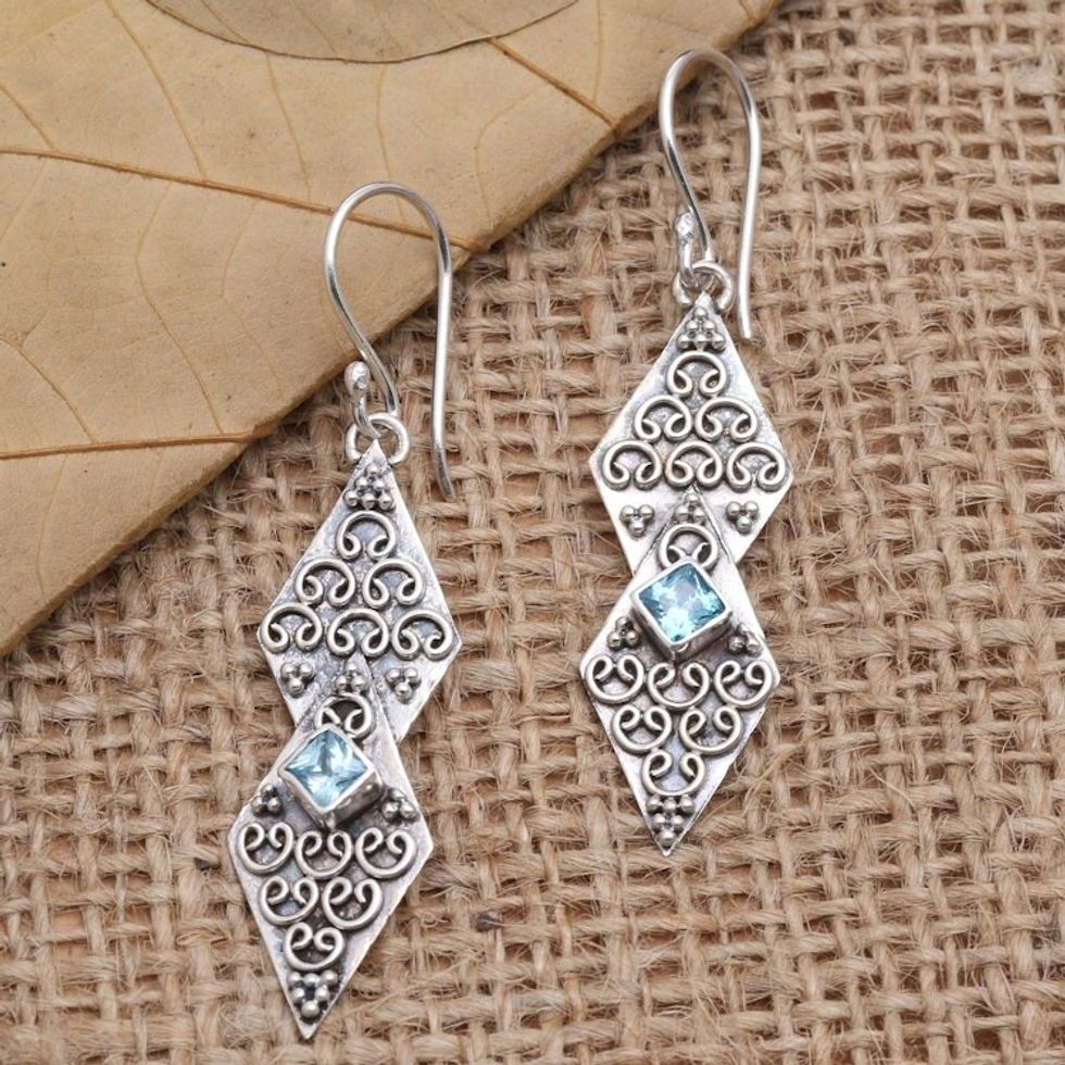 Sterling Silver and Blue Topaz Dangle Earrings 'Double Kite in Blue'