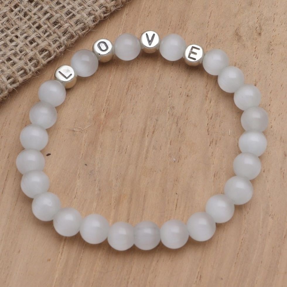 Quartz and Sterling Silver Beaded Stretch Bracelet 'Sacred Love'