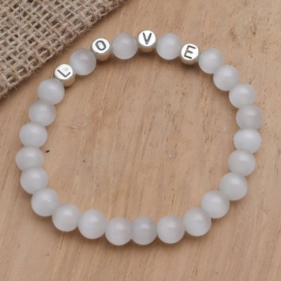 Quartz and Sterling Silver Beaded Stretch Bracelet 'Sacred Love'