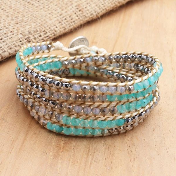Alternate image for Hand Made Amazonite and Hematite Beaded Wrap Bracelet Sea Ice