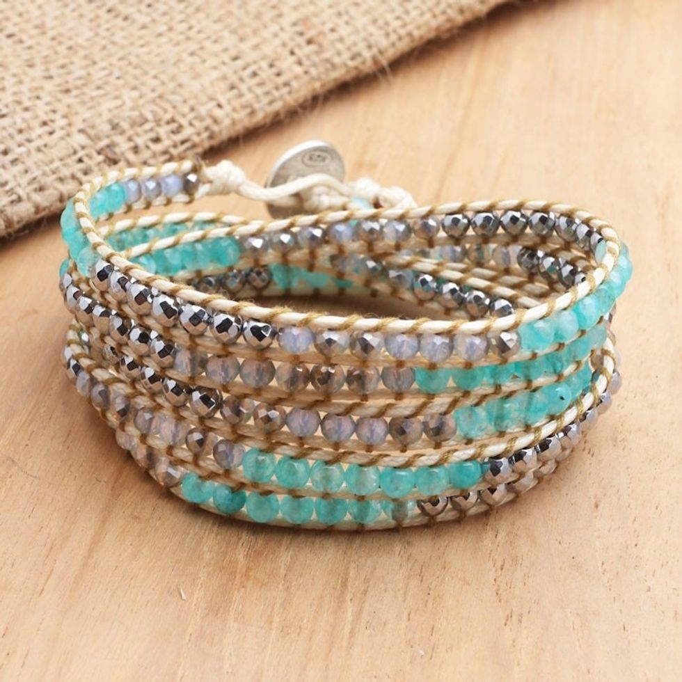 Hand Made Amazonite and Hematite Beaded Wrap Bracelet 'Sea Ice'