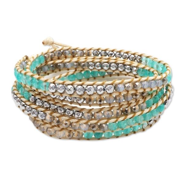 Alternate image for Hand Made Amazonite and Hematite Beaded Wrap Bracelet Sea Ice