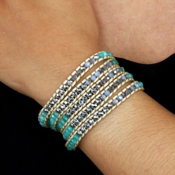 Alternate image for Hand Made Amazonite and Hematite Beaded Wrap Bracelet Sea Ice