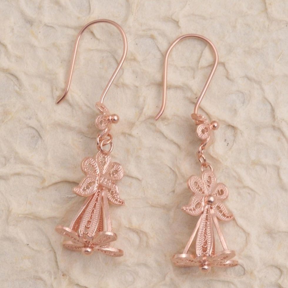 Hand Crafted Rose Gold Plated Flower Dangle Earrings 'Flower Wings'