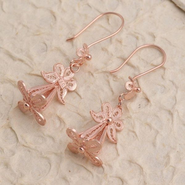 Alternate image for Hand Crafted Rose Gold Plated Flower Dangle Earrings Flower Wings