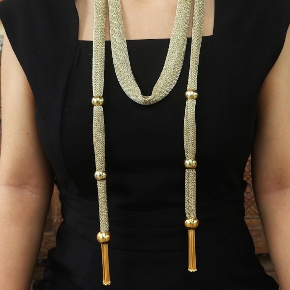 Handmade Gold-Accented Brass and Mesh Wrap Necklace 'Balinese Gold'