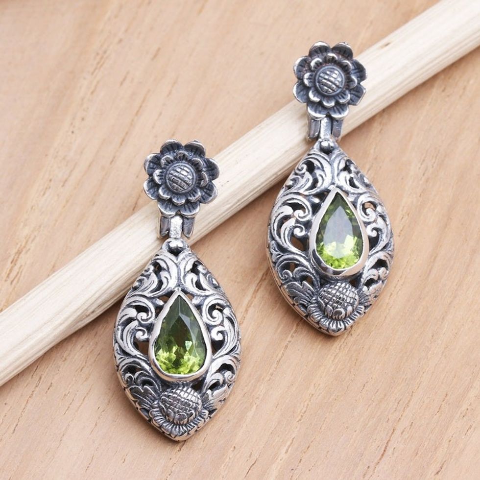 Peridot and Sterling Silver Floral-Motif Dangle Earrings 'Spring Grass'