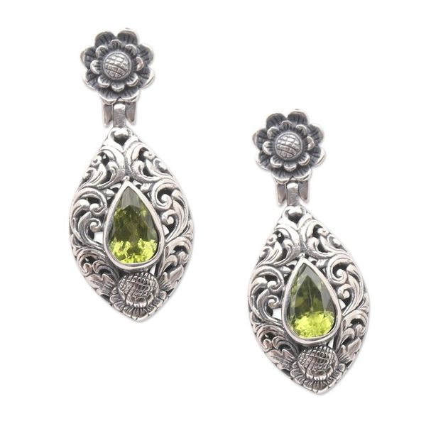Alternate image for Peridot and Sterling Silver Floral-Motif Dangle Earrings Spring Grass