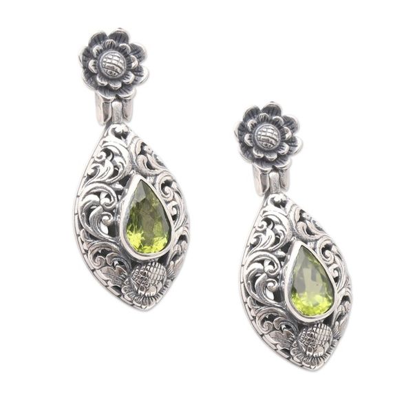 Alternate image for Peridot and Sterling Silver Floral-Motif Dangle Earrings Spring Grass