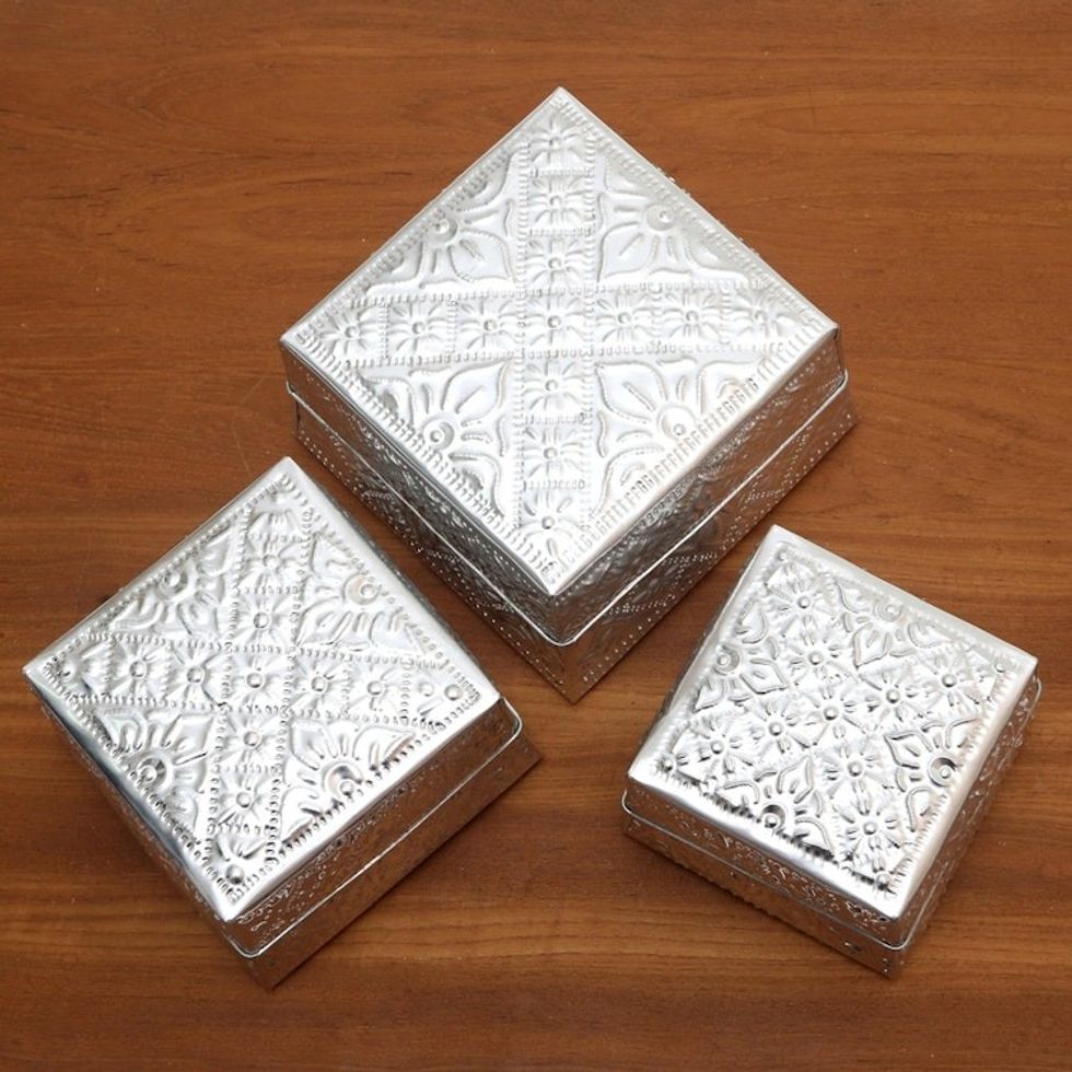 Artisan Crafted Decorative Aluminum Boxes Set of 3 'Lempuyang Sunset in Medium'