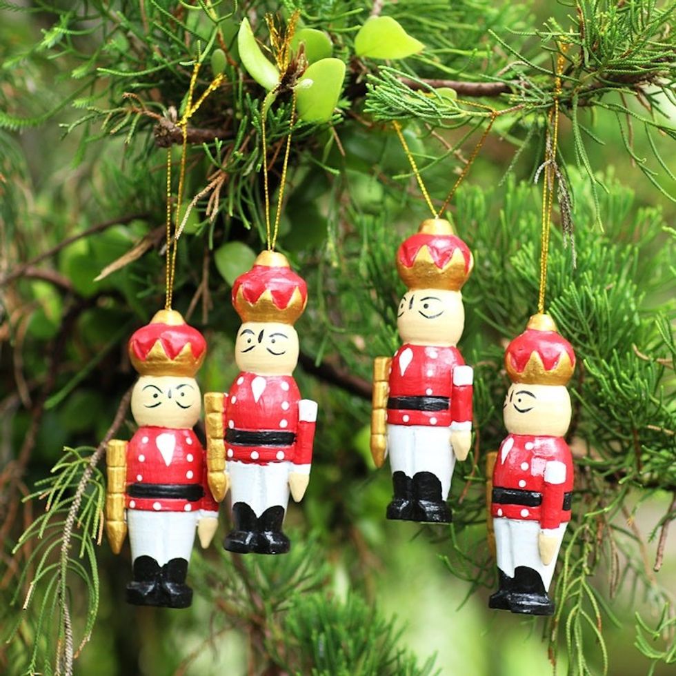 Hand Crafted Albesia Wood Holiday Ornaments Set of 4 'Toy Soldiers'