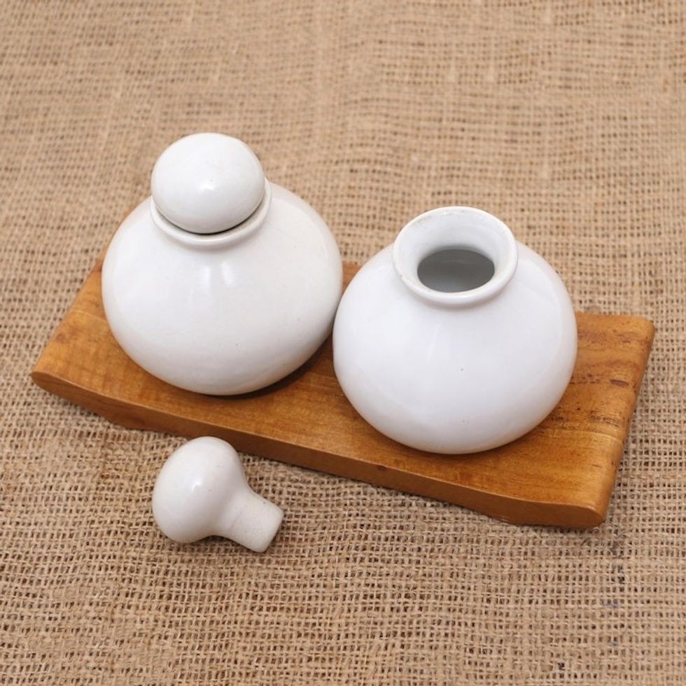 Hand Crafted White Ceramic and Teak Wood Bathroom Set 'Splendid Bath in White'