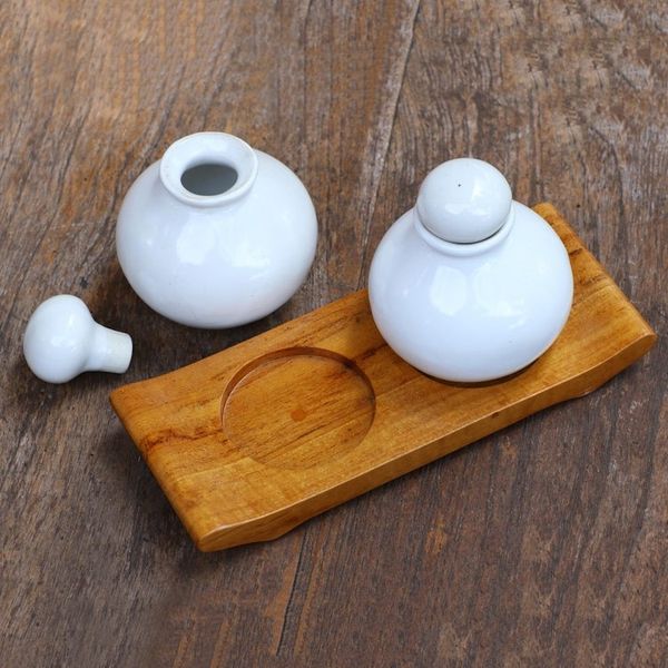 Alternate image for Hand Crafted White Ceramic and Teak Wood Bathroom Set Splendid Bath in White