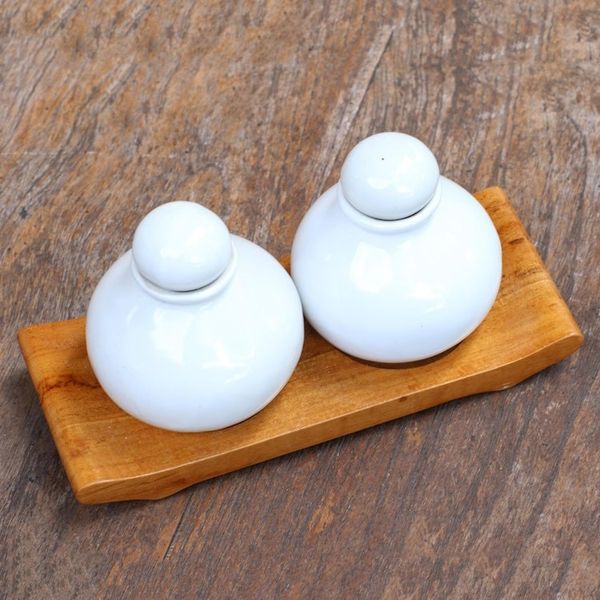 Alternate image for Hand Crafted White Ceramic and Teak Wood Bathroom Set Splendid Bath in White
