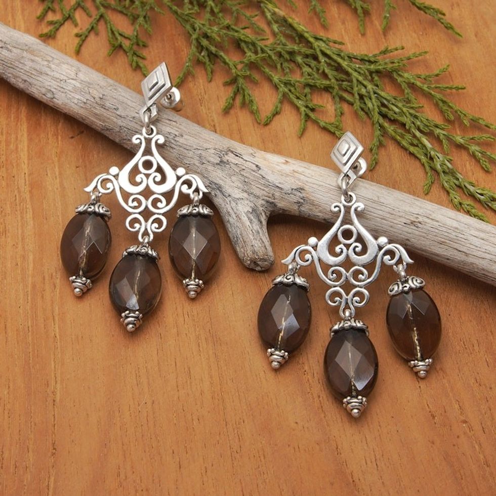 Sterling Silver Chandelier Dangle Earrings with Smoky Quartz 'Dinner Party'