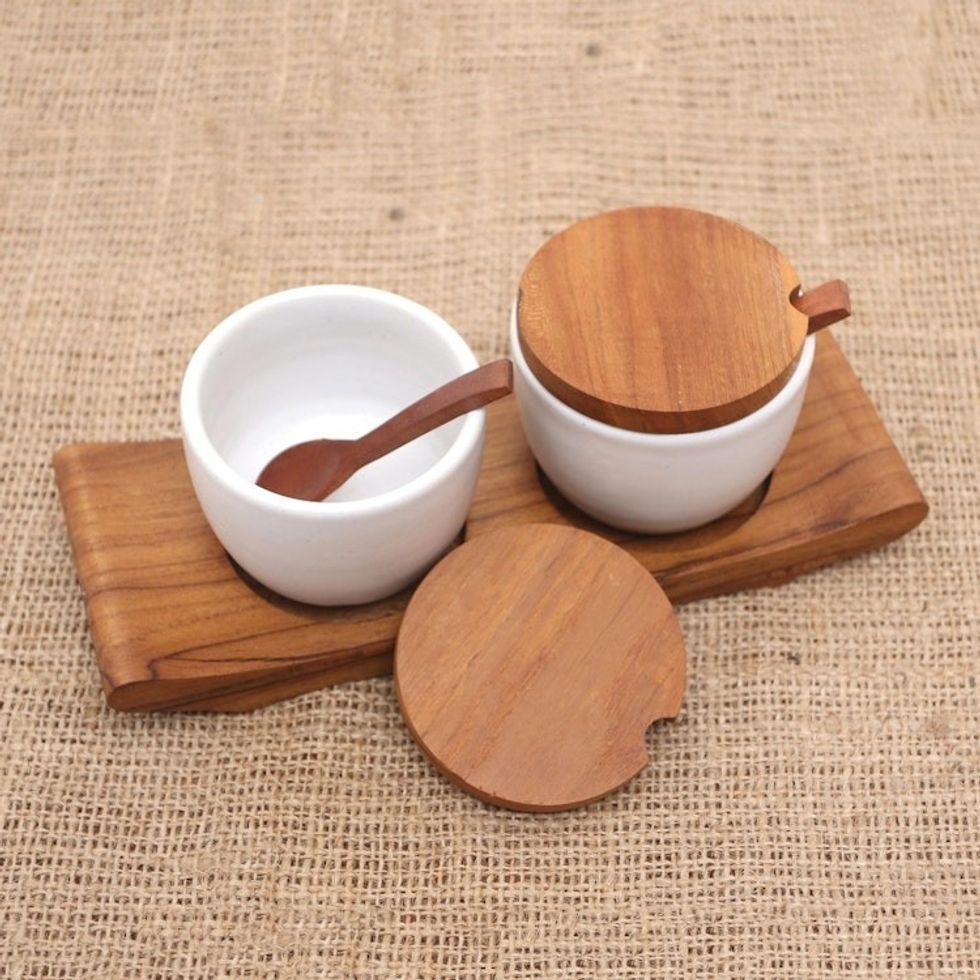 Hand Made Ceramic and Teak Wood Condiment Set 'Flavor Duo in White'