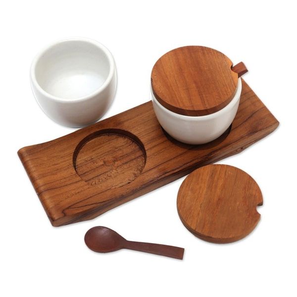 Alternate image for Hand Made Ceramic and Teak Wood Condiment Set Flavor Duo in White