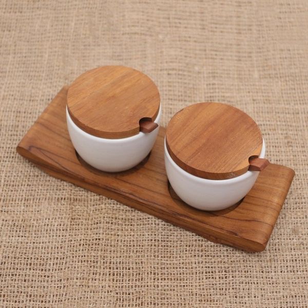 Alternate image for Hand Made Ceramic and Teak Wood Condiment Set Flavor Duo in White