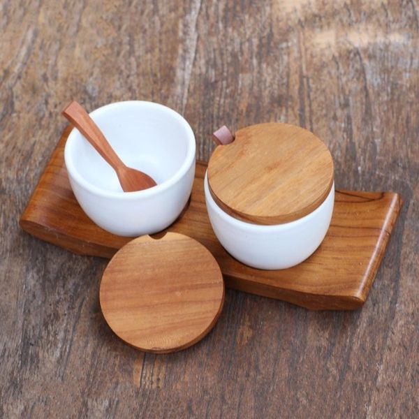 Alternate image for Hand Made Ceramic and Teak Wood Condiment Set Flavor Duo in White
