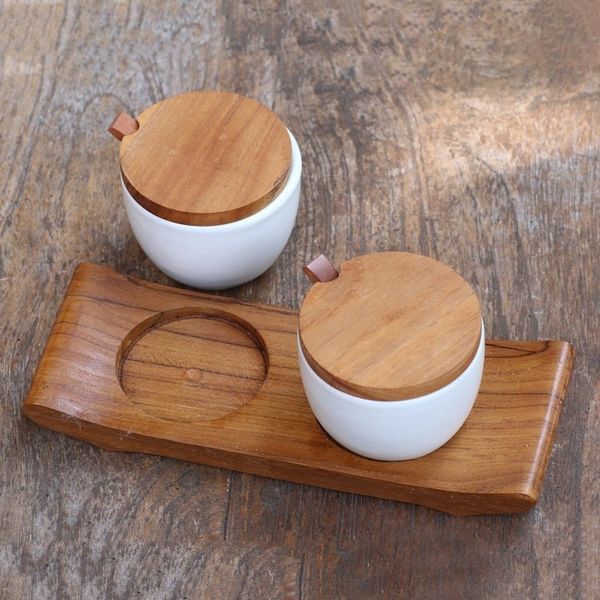 Alternate image for Hand Made Ceramic and Teak Wood Condiment Set Flavor Duo in White