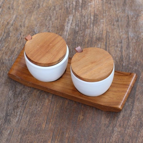 Alternate image for Hand Made Ceramic and Teak Wood Condiment Set Flavor Duo in White