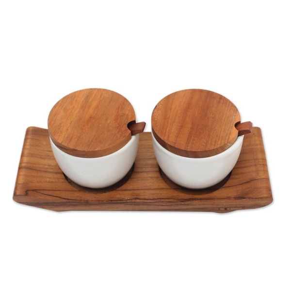 Alternate image for Hand Made Ceramic and Teak Wood Condiment Set Flavor Duo in White