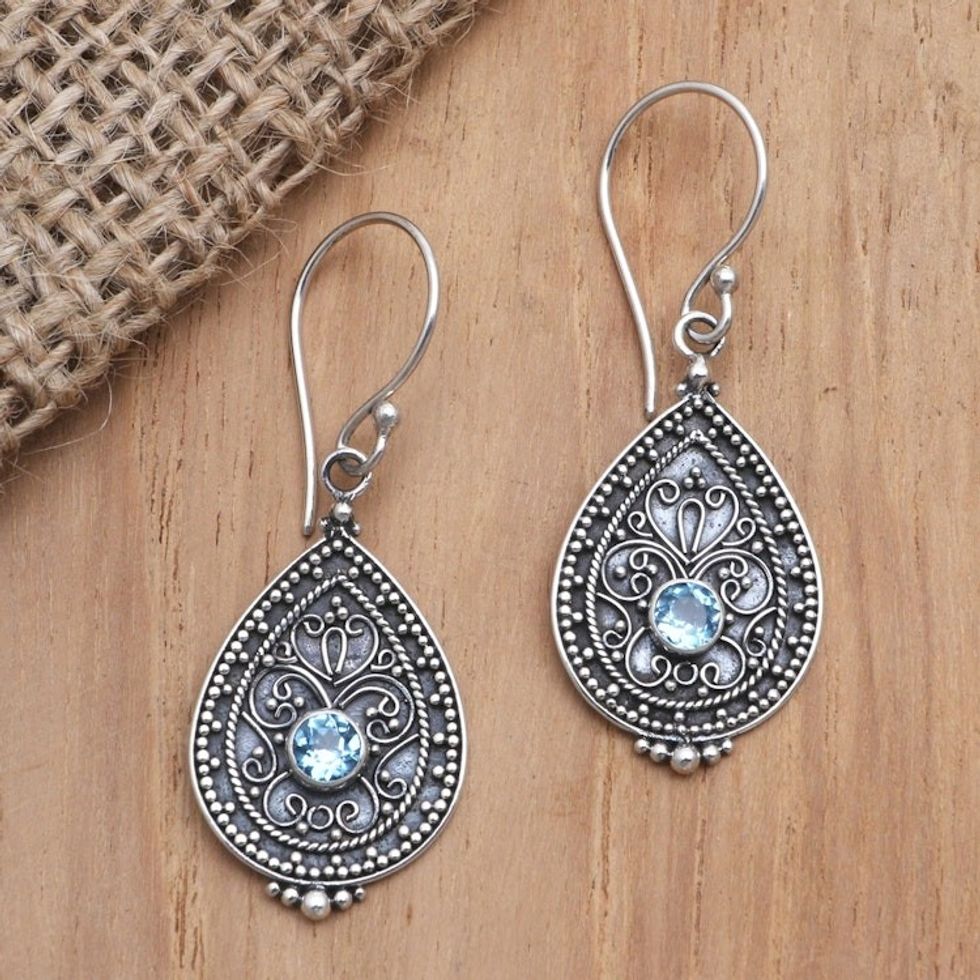 Blue Topaz and Sterling Silver Dangle Earrings 'Blue Birthday'