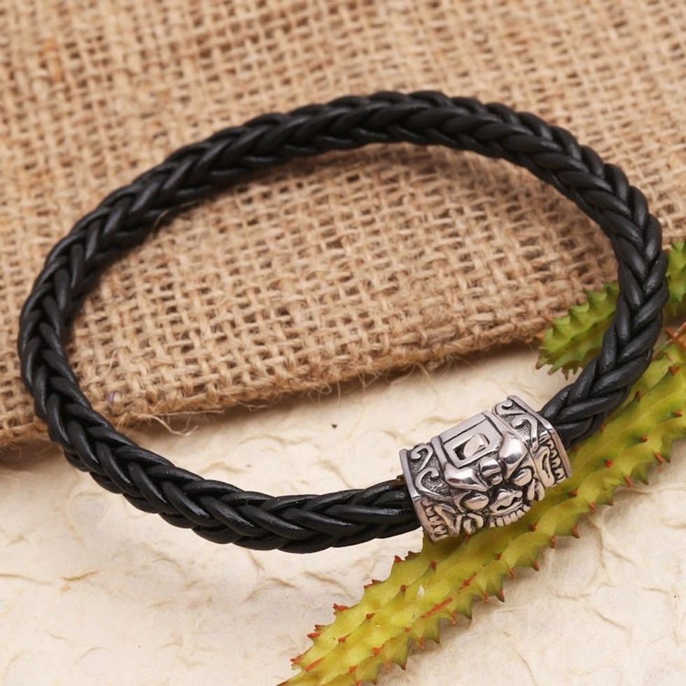 Balinese Sterling Silver Leather Cord Bracelet 'Barong Box'