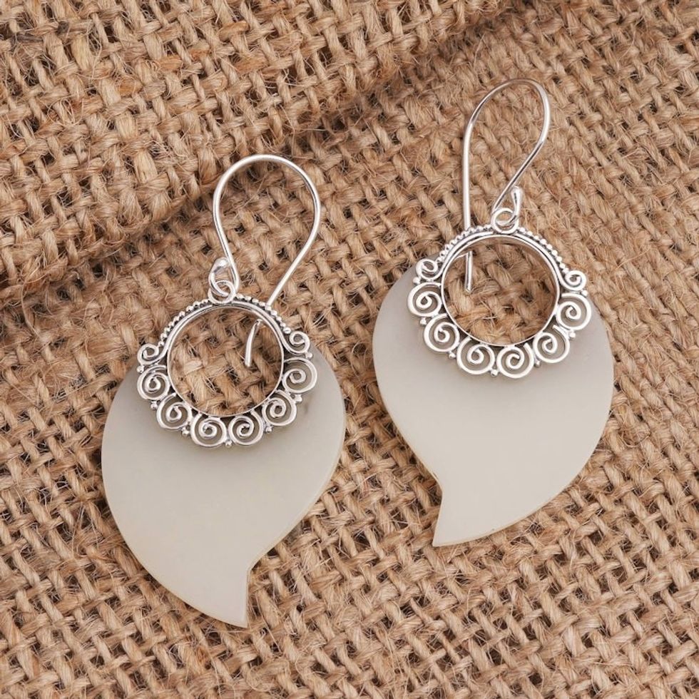 White Frosted Resin and Sterling Silver Dangle Earrings 'Circle of Seasons'