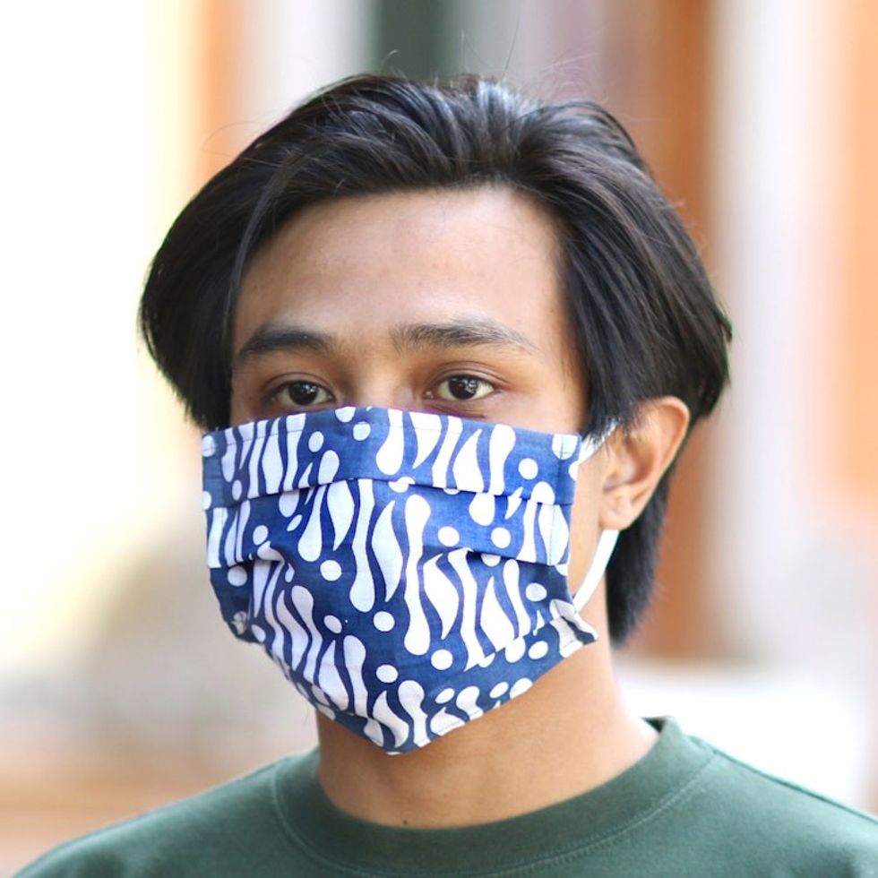 3 Blue and White Cotton Batik Pleated 2-Layer Face Masks 'Balinese Blue'