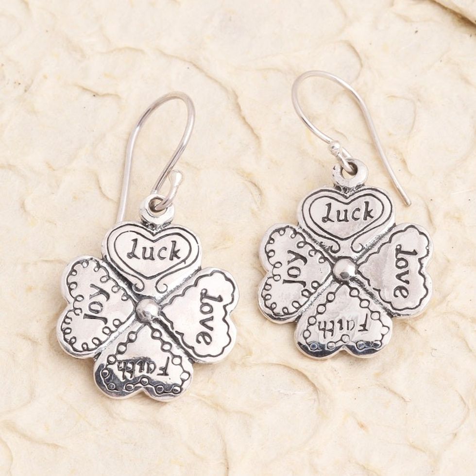 Luck Themed Sterling Silver Dangle Earrings 'Leaves of Luck'