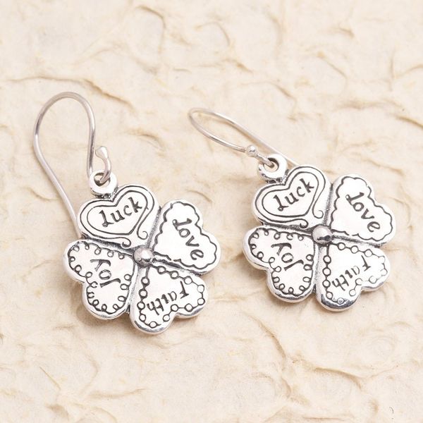 Alternate image for Luck Themed Sterling Silver Dangle Earrings Leaves of Luck
