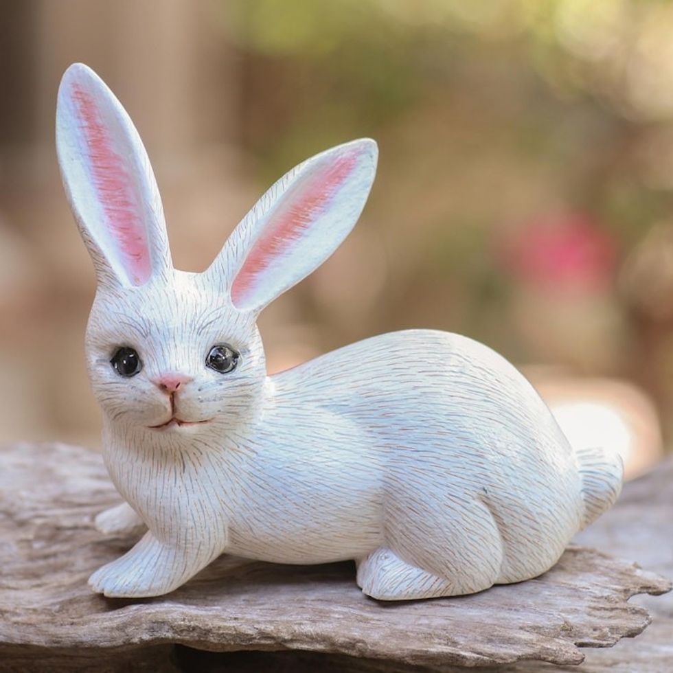Hand Painted Suar Wood Rabbit Figurine 'Wise Rabbit in White'