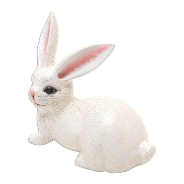 Alternate image for Hand Painted Suar Wood Rabbit Figurine Wise Rabbit in White