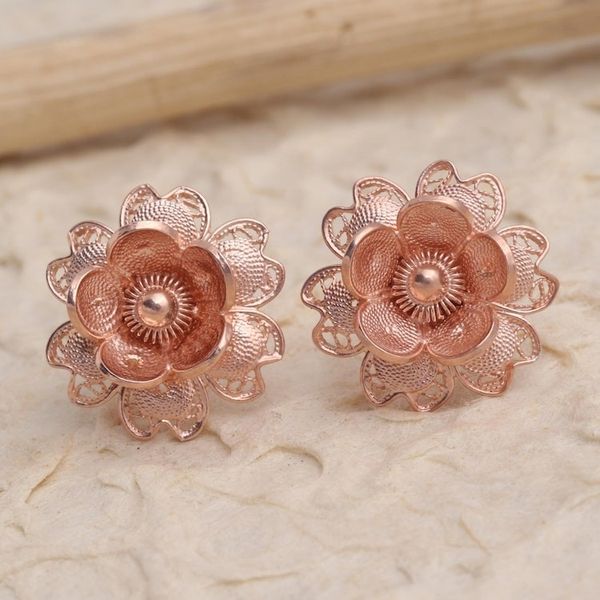 Alternate image for Hand Made Rose Gold Plated Flower Button Earrings Grateful Flower