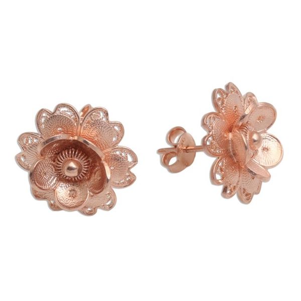 Alternate image for Hand Made Rose Gold Plated Flower Button Earrings Grateful Flower