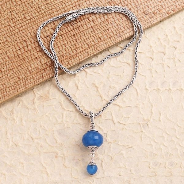 Alternate image for Faceted Chalcedony Bead Sterling Silver Pendant Necklace Merajan in Blue