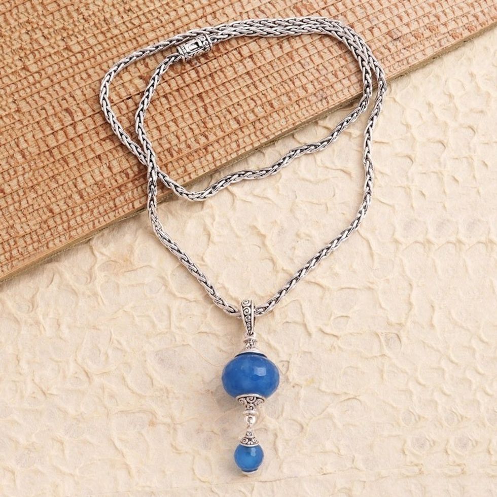 Faceted Chalcedony Bead Sterling Silver Pendant Necklace 'Merajan in Blue'